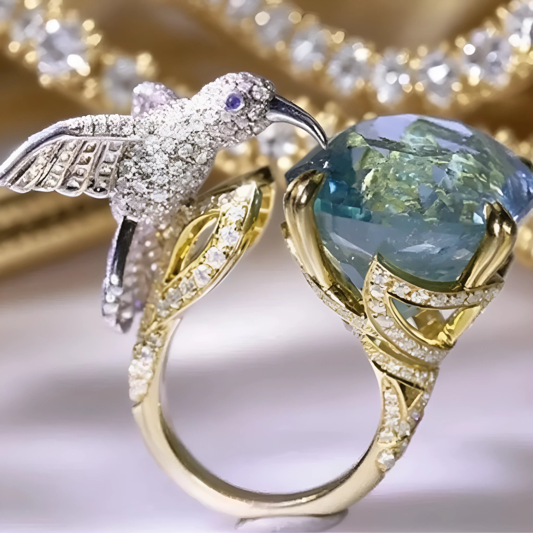 Ocean blue topaz hummingbird shape open ring with real gold colour brass finish and adjustable opening