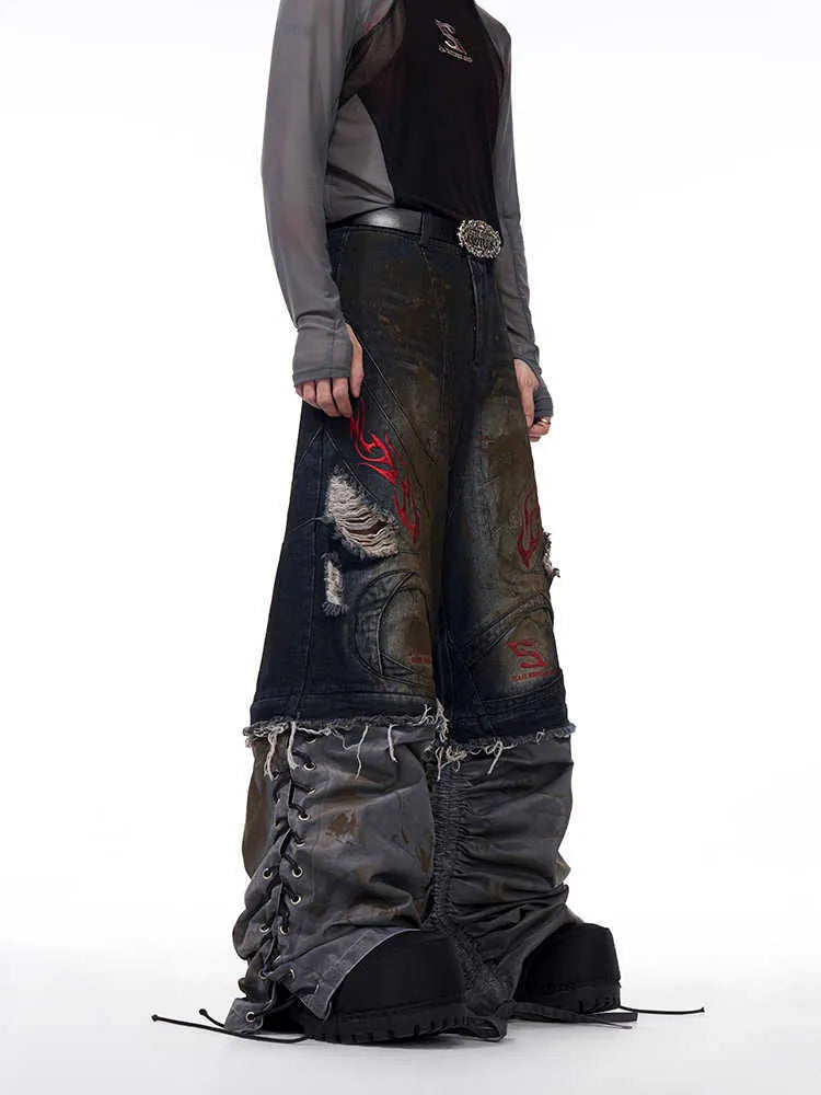 Men's retro jeans with detachable legs showing wide-leg design and mid-high waist