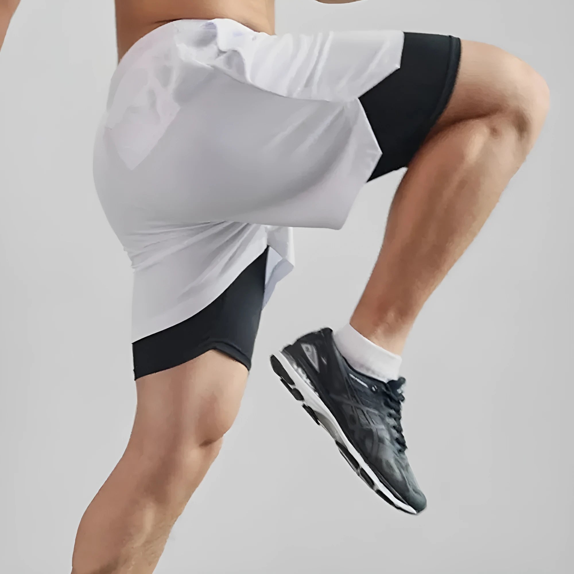 Men's camouflage print double-layer quick-drying sports shorts in various colours on a size chart.