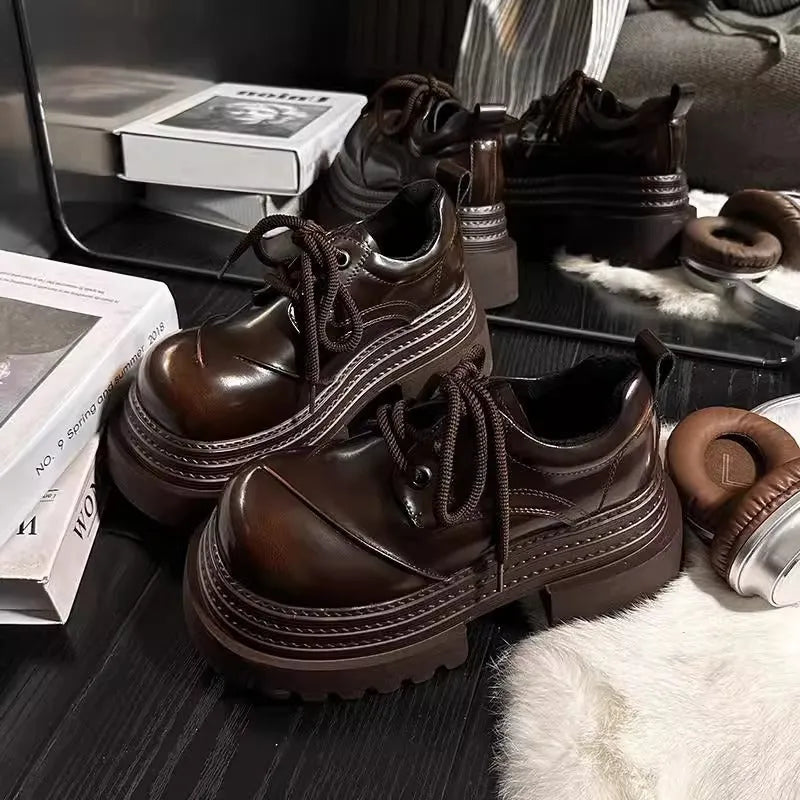 Women's platform pump high heel shoes 6-8cm round toe front lace-up PU upper rubber sole black brown sizes 35-40