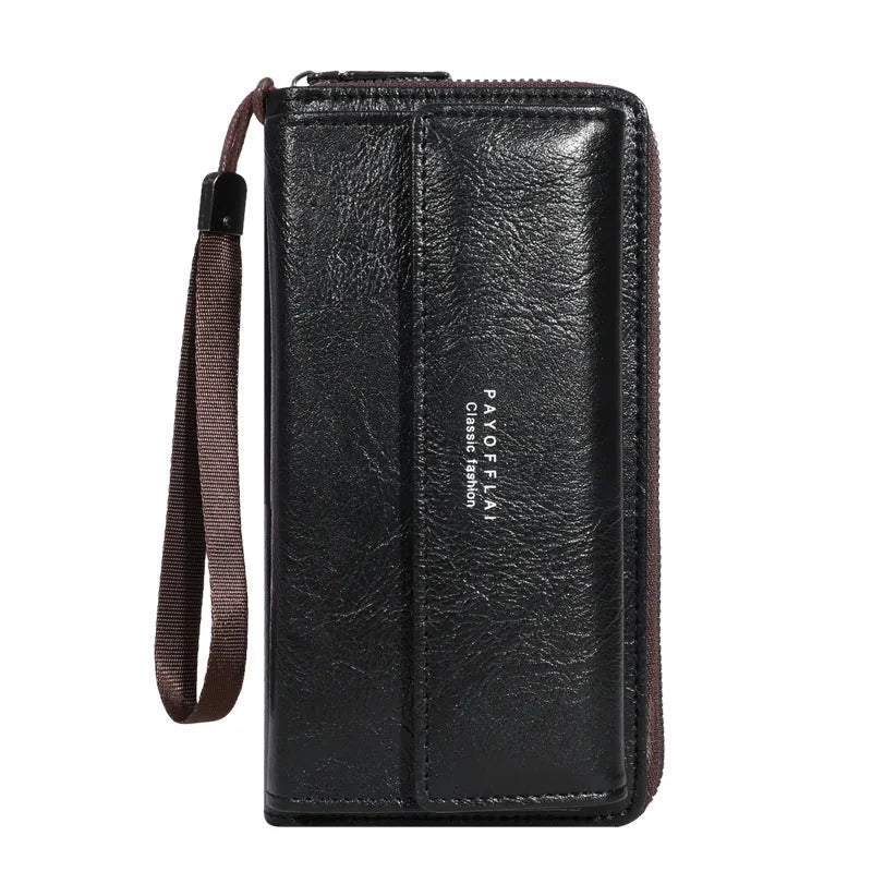 Men's black PU leather bifold wallet with multiple card slots, shown closed.