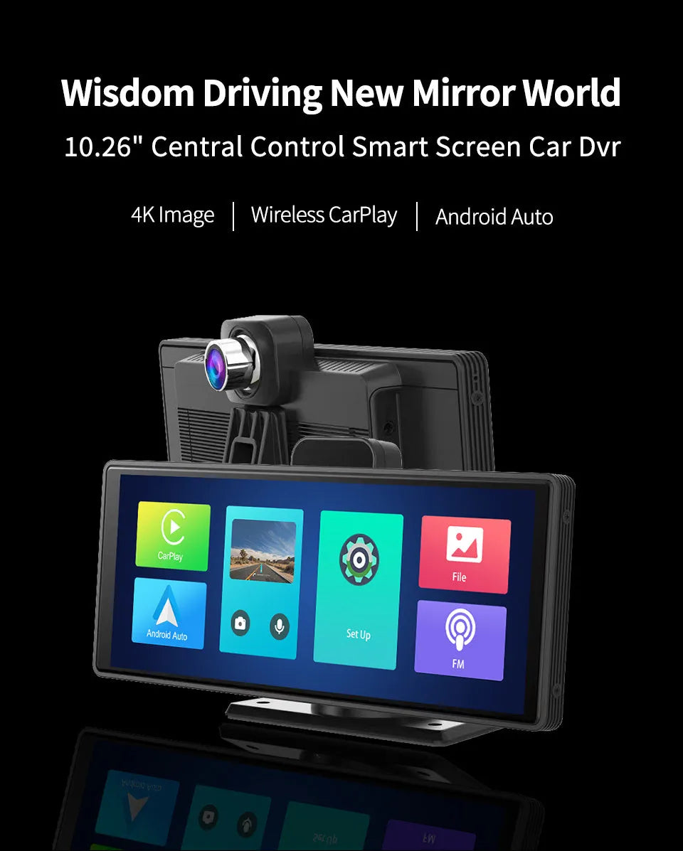 Black 10.26-inch touch screen car DVR with rear camera on a car dashboard