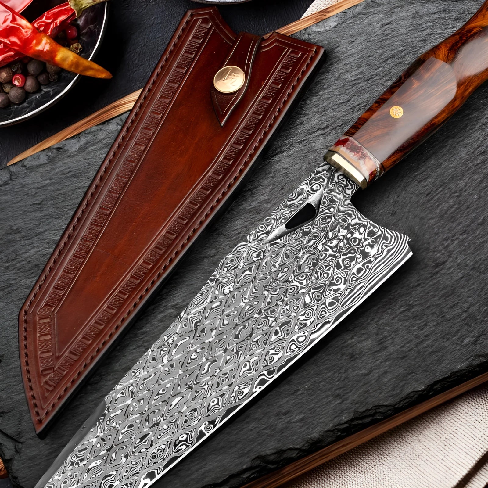 Damascus steel chef's knife with 21.8cm blade, milky off-white handle, and Damascus pattern steel construction