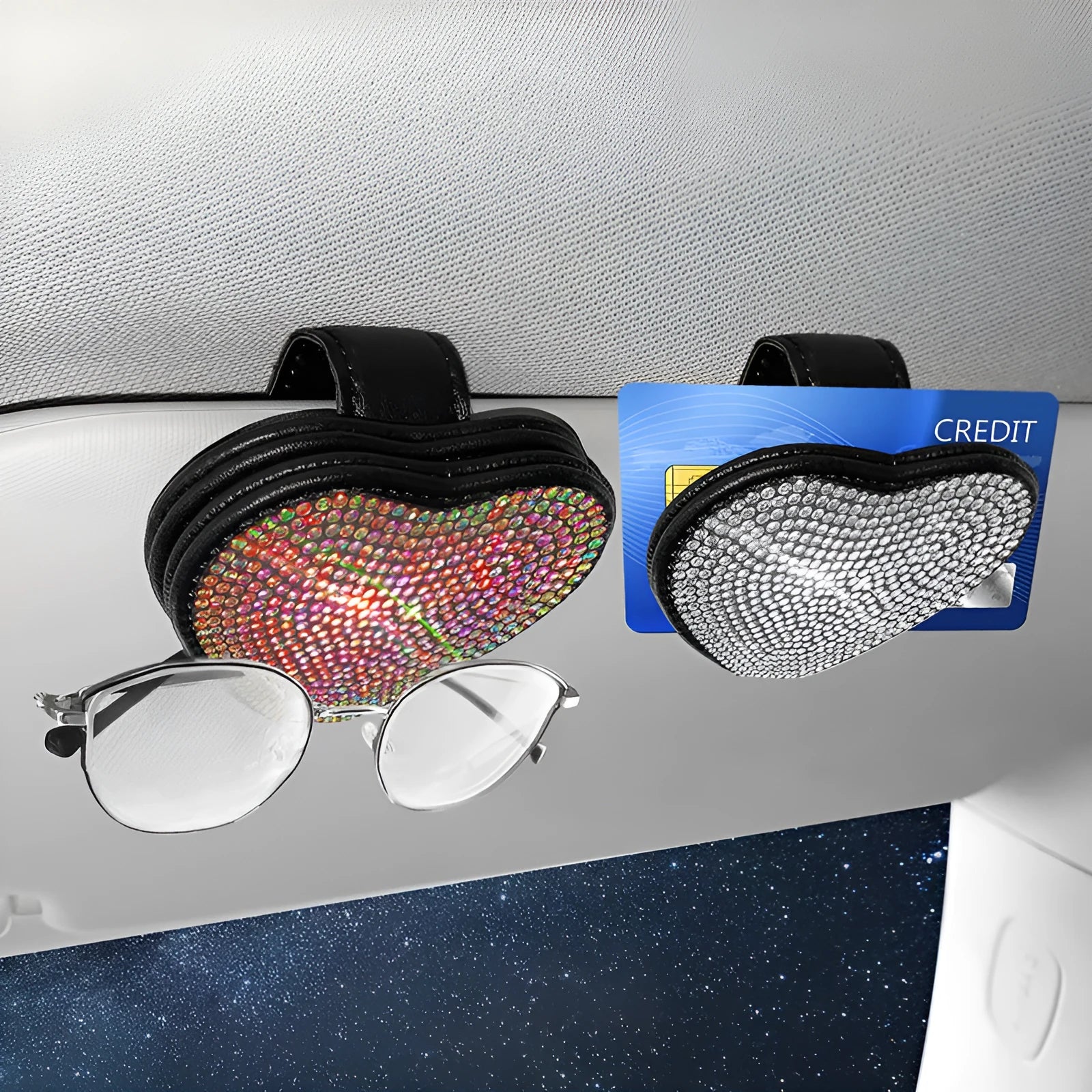 Black PU leather car sun visor clip with diamond accents holding sunglasses and a ticket.