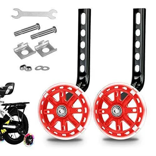 Children's bicycle training wheels kit with universal bracket, shown in assorted colours.