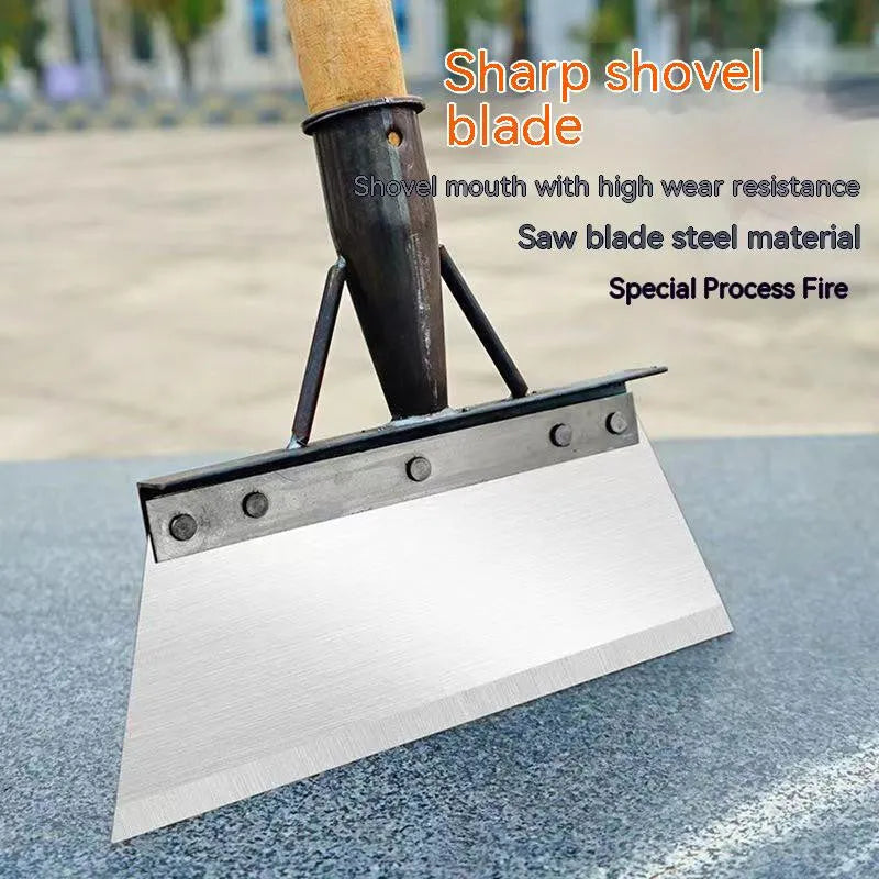 Manganese steel cleaning shovel with thickened head shown in available sizes for garden and household use.