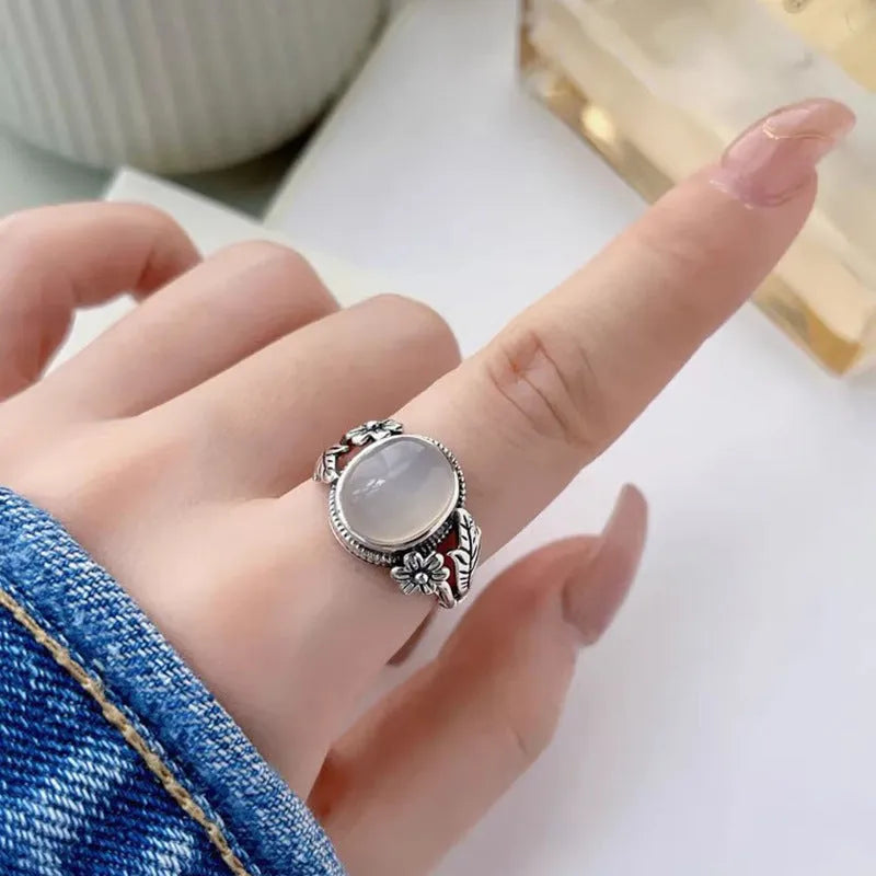 Copper vintage ring with white chalcedony imitation stone and adjustable opening mechanism