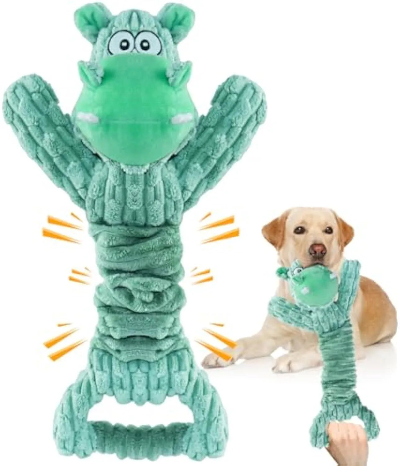 Large plush squeaky dog toy with a handle, shown in a Hippo design, for tug of war and indoor play.