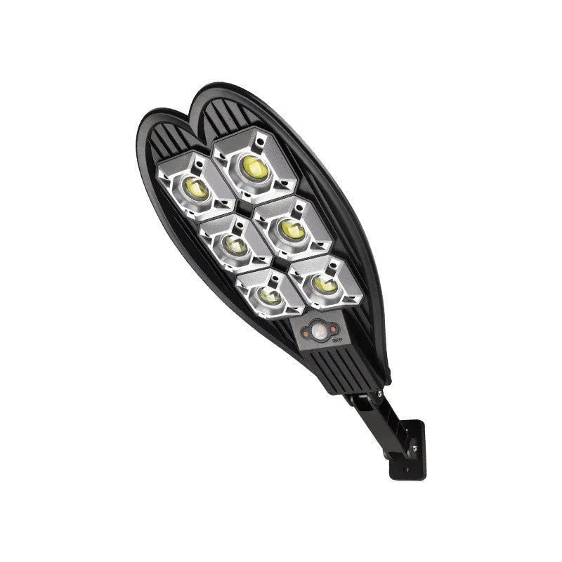 White 6-eye outdoor solar garden lamp with solar panel and remote control on a garden path.