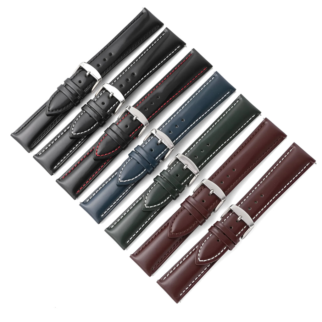 Quick release cowhide leather watch strap shown in black and dark brown colours on a watch case.