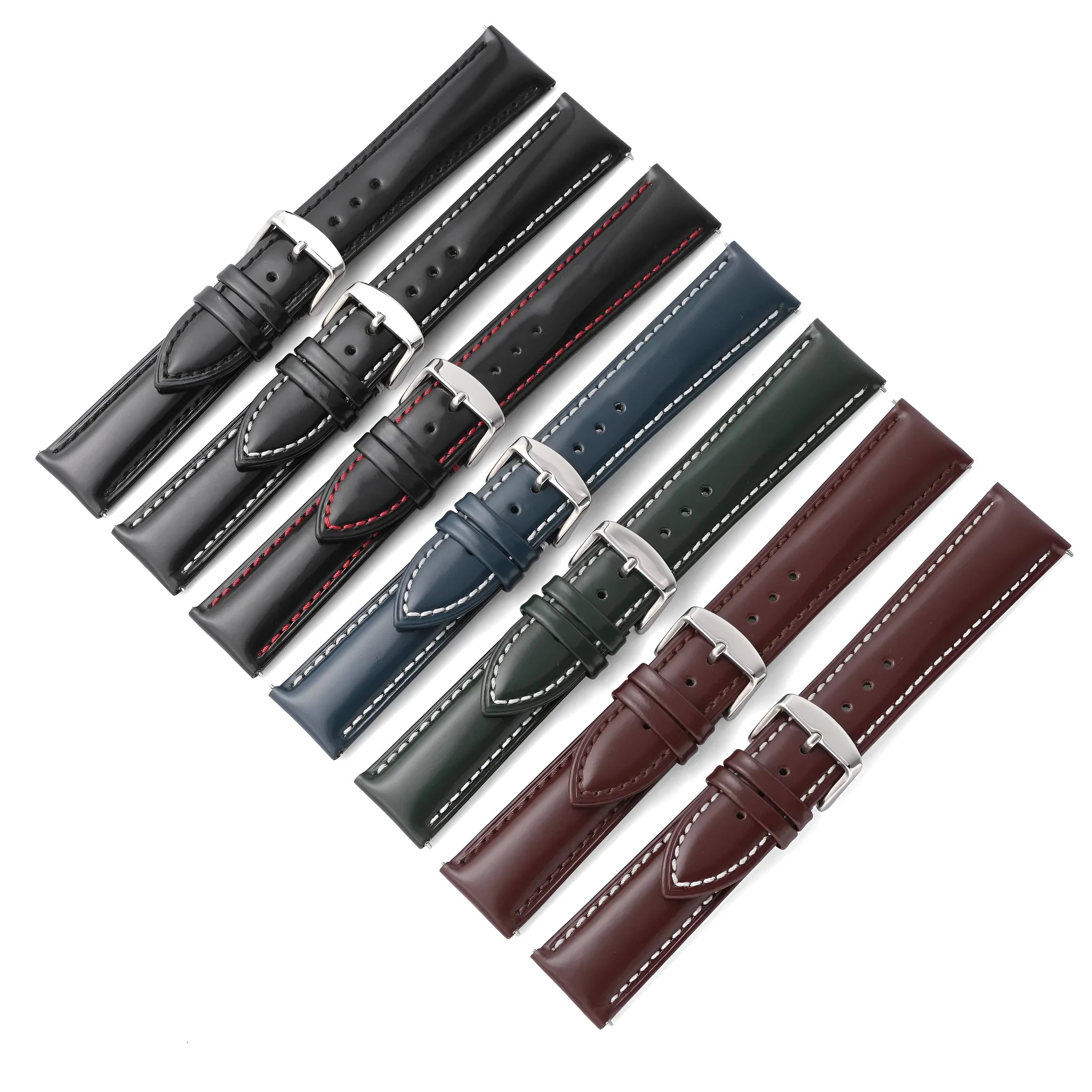 Quick release cowhide leather watch strap shown in black and dark brown colours on a watch case.