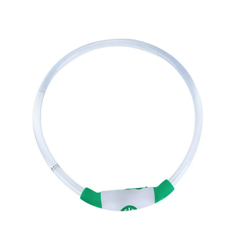 USB rechargeable LED dog collar showing blue glowing light on adjustable TPU collar