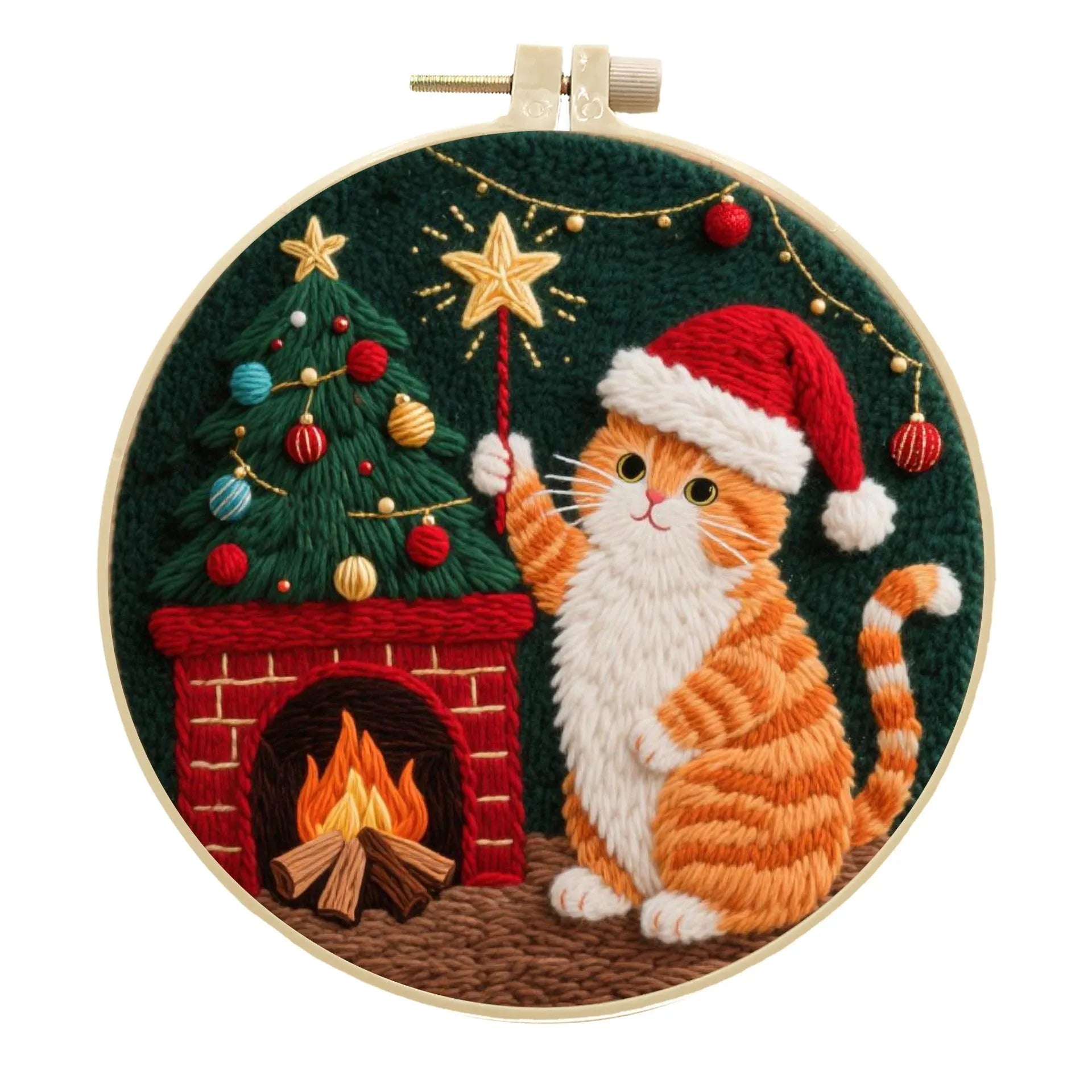 Cat-themed DIY embroidery kit showing Autumn Fruit pattern on cotton linen fabric with optional bamboo frame and scissors.