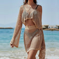 Khaki women's clothing set with bell sleeves and hollow out pattern showing top and skirt