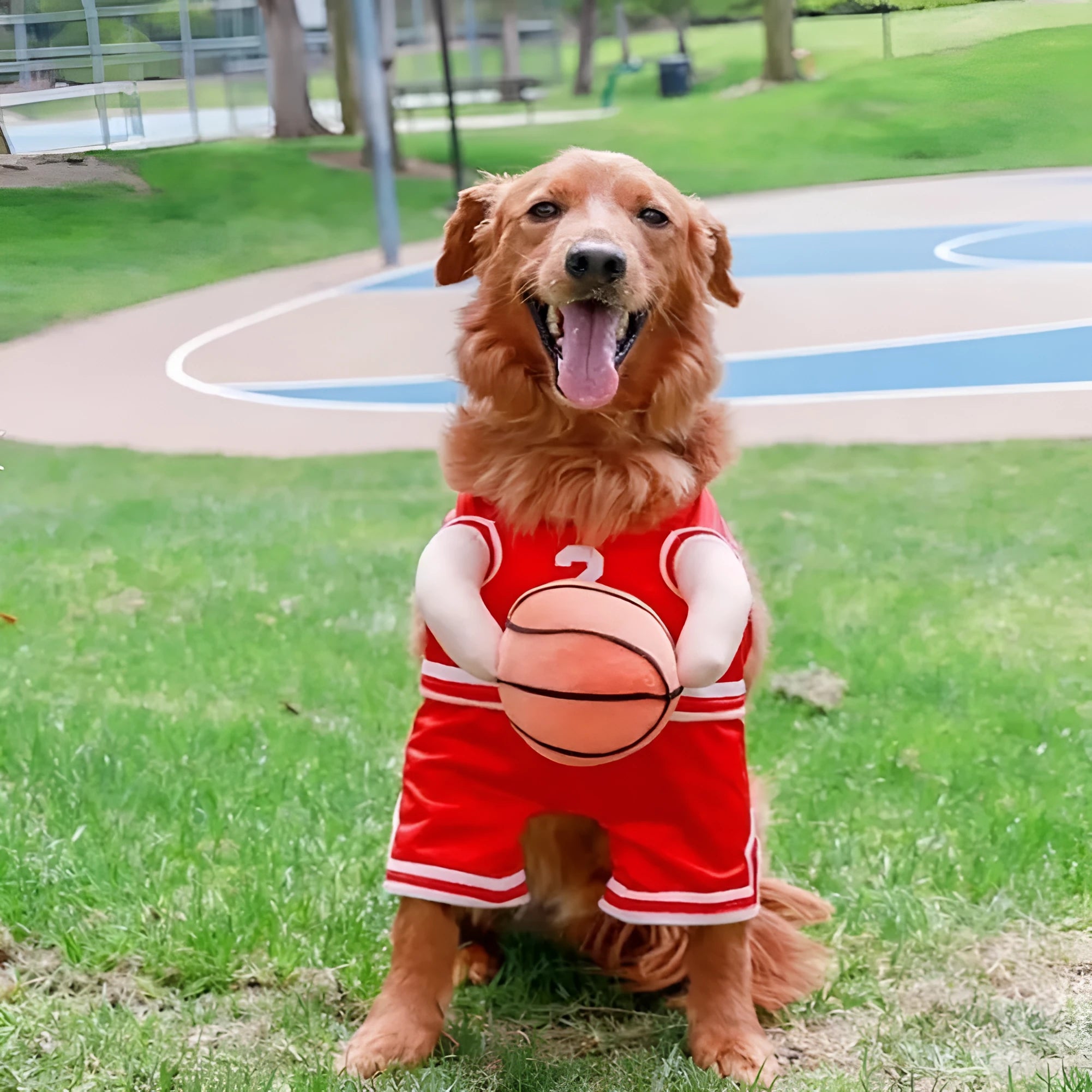 Dog wearing red basketball costume with matching ball accessory