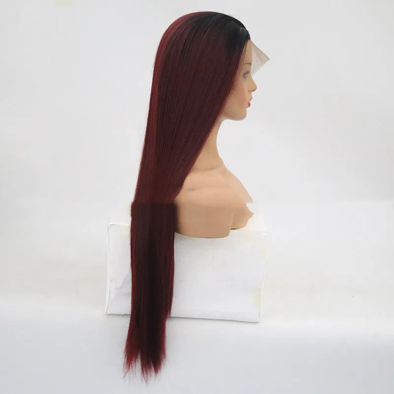 Burgundy trellis long straight chemical fiber headgear in wine red on a stand