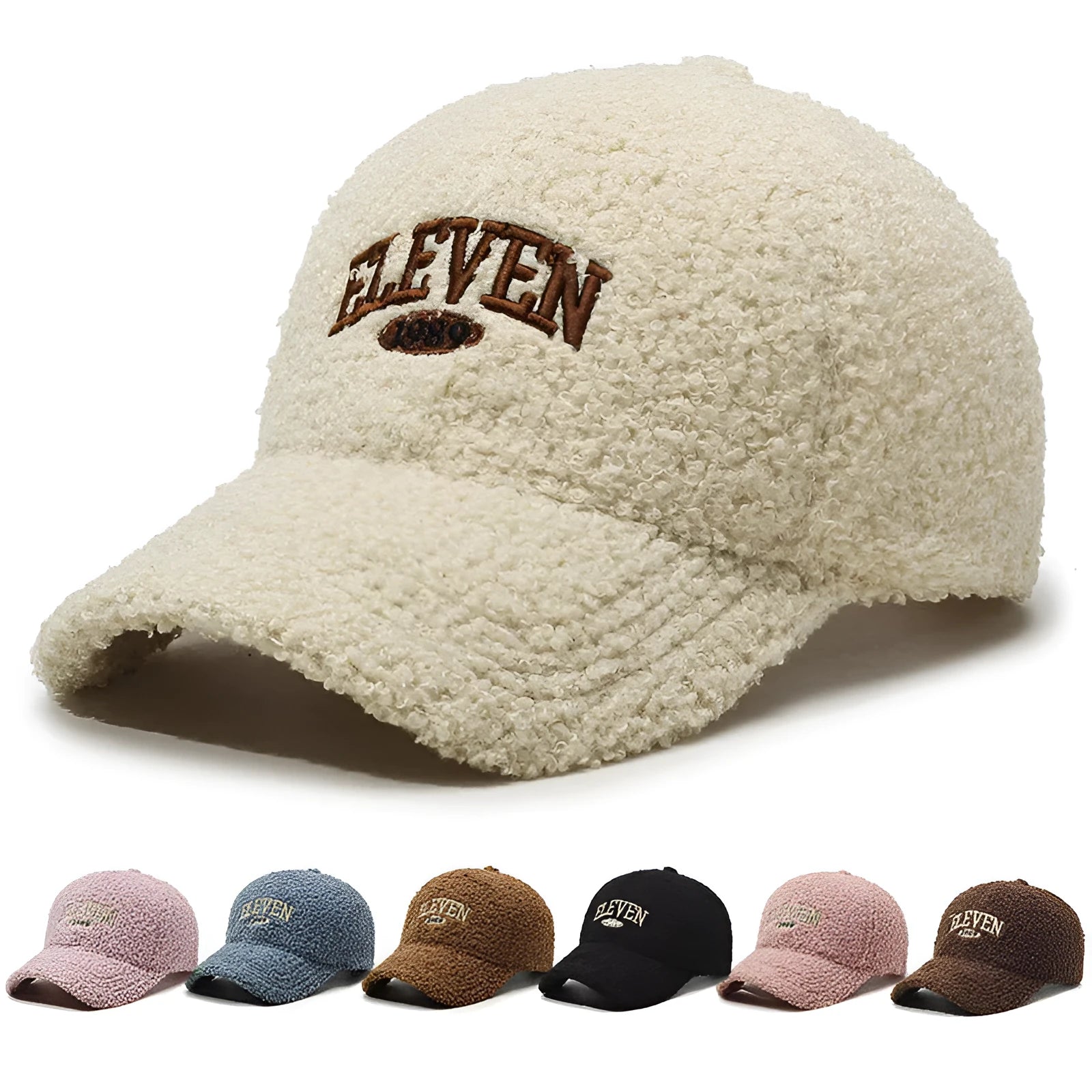 Adjustable winter baseball cap in lambskin polyester fabric showing dome crown design