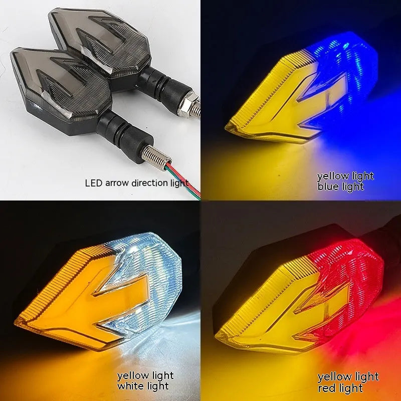 Arrow-shaped 12V LED motorcycle turn signal light in yellow with choice of blue, red, or white accent.