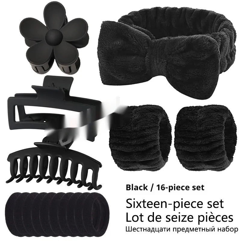 16-piece bow washing face hair band set with wrist strap, plaid pattern, multiple colours