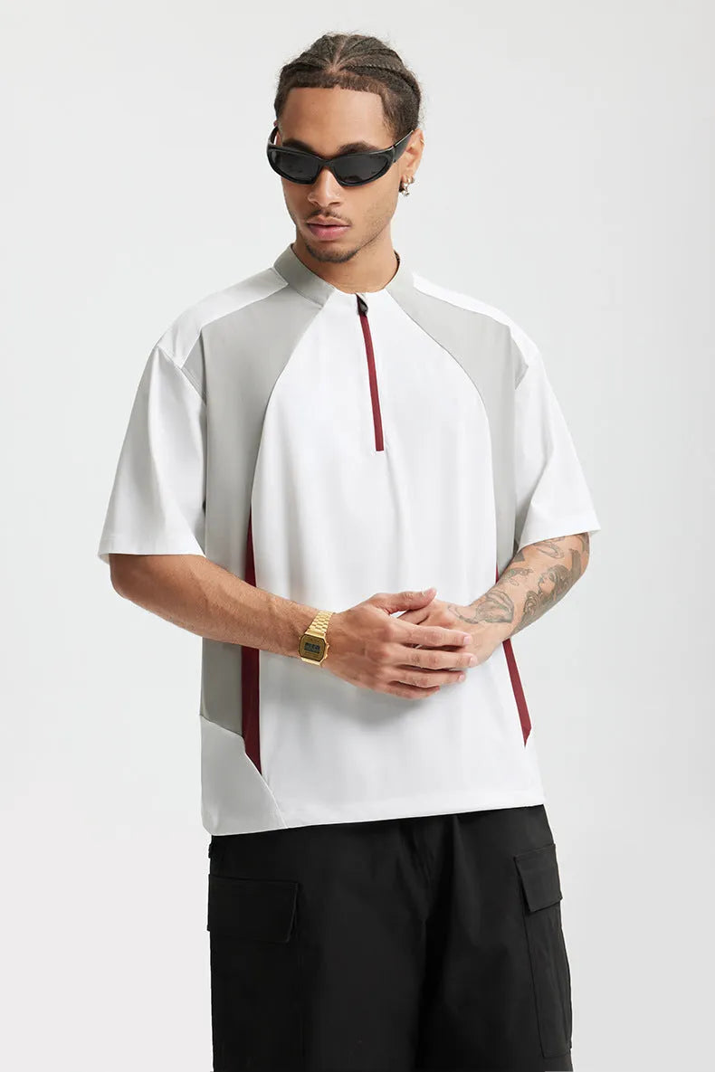 Men's solid colour lightweight polyester casual top shown in black and beige with both sleeve length options.
