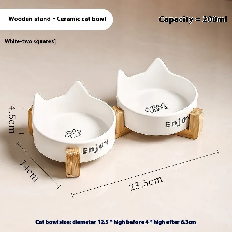 Porcelain cat food and water bowl set with wooden anti-tumble frame in various colours