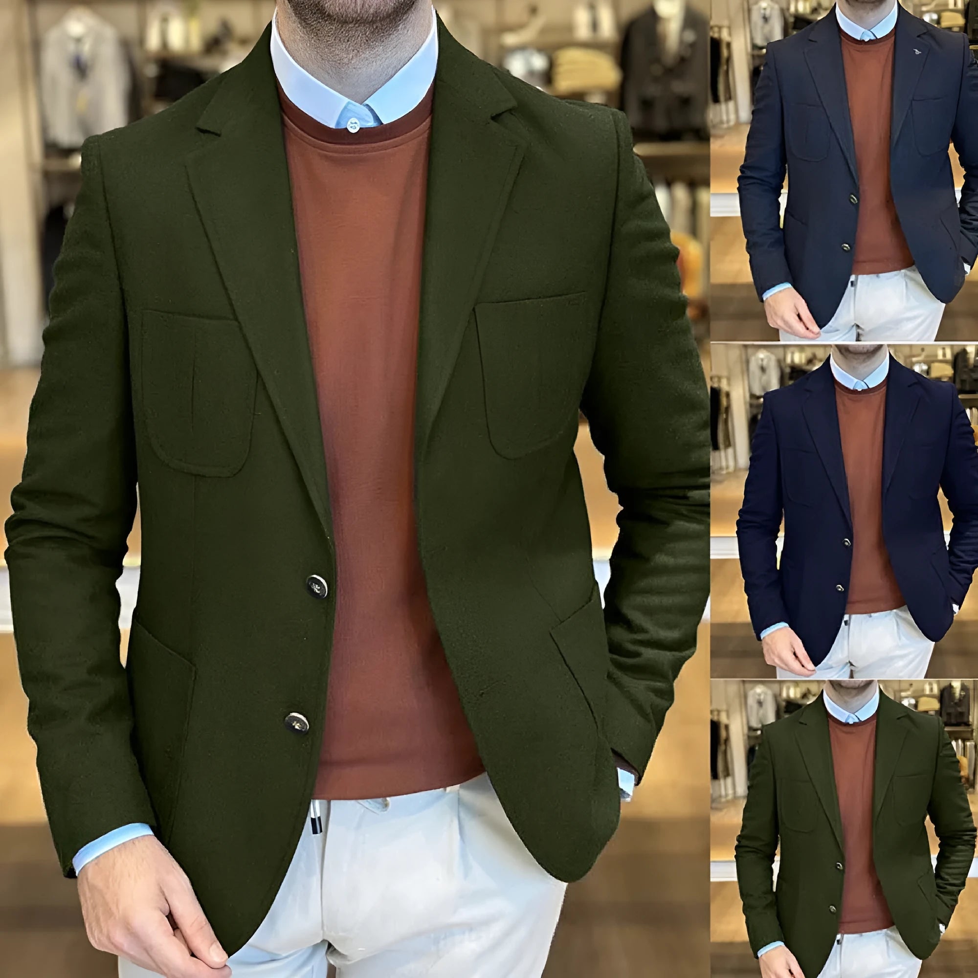 Men's casual cotton suit jacket in loose retro fit showing solid colour options