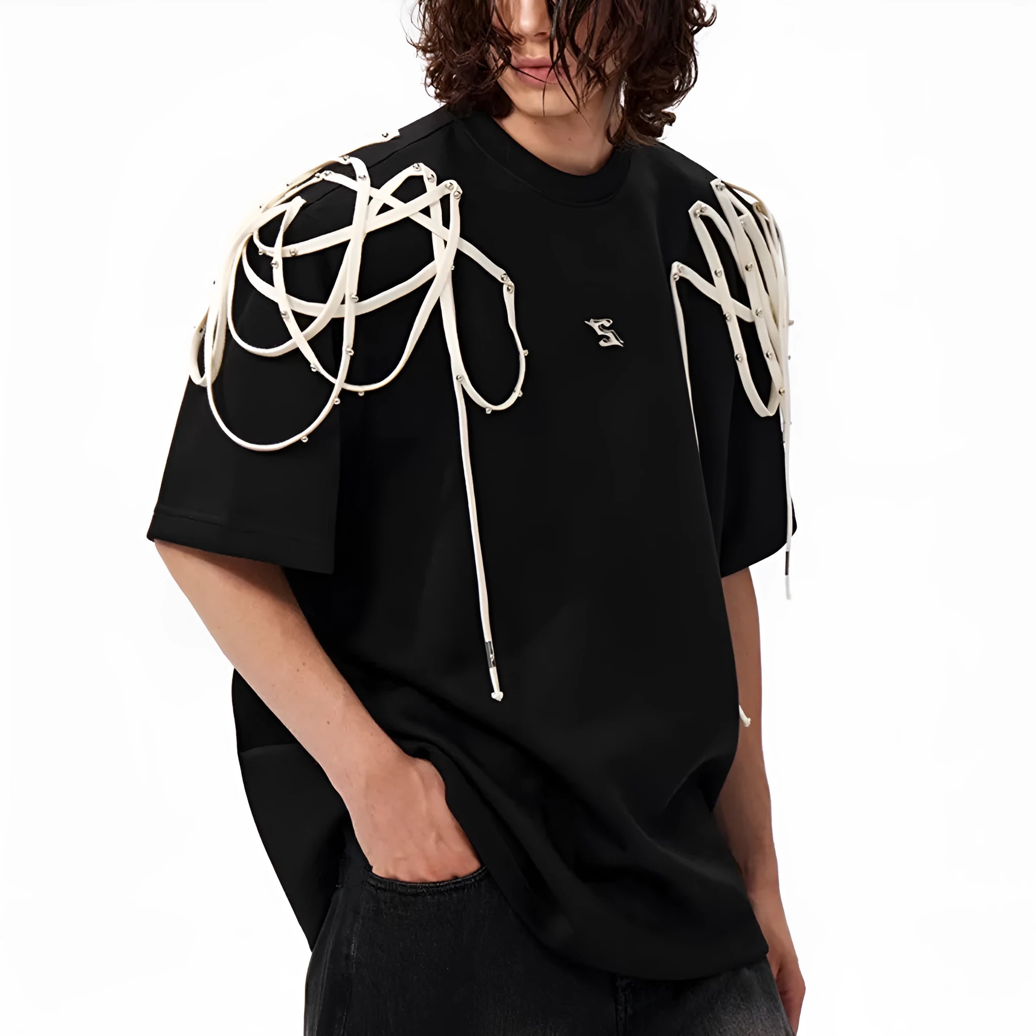 Black loose fit t-shirt with rivet ribbon detail on padded shoulders
