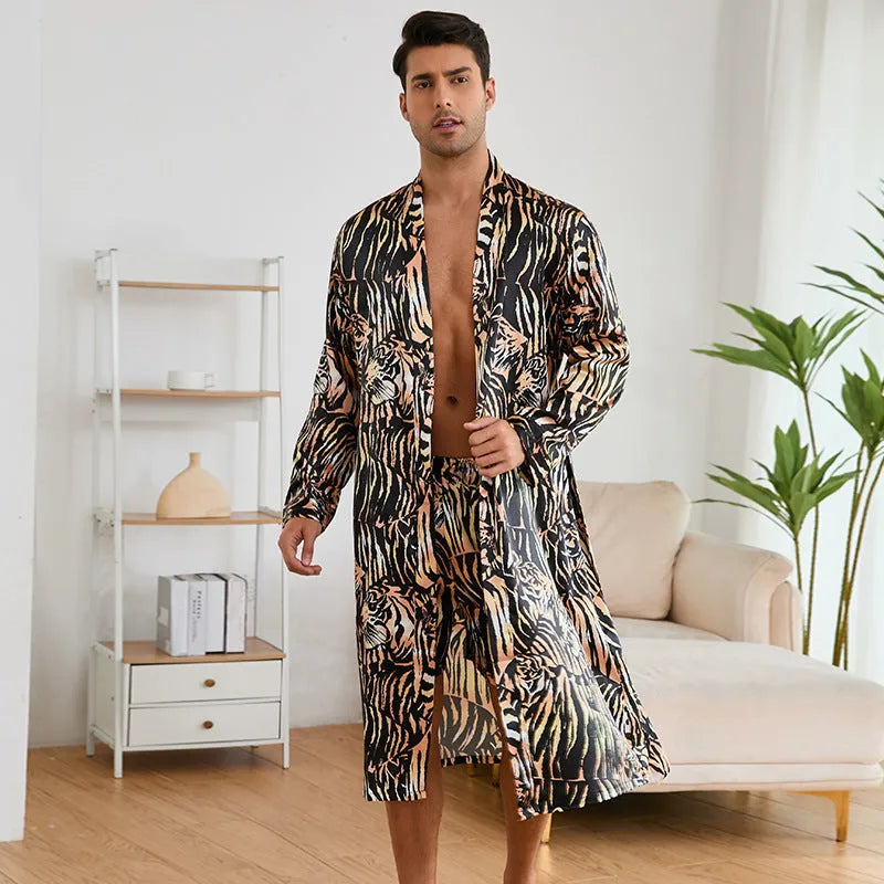 Men's tiger pattern ice silk bathrobe set with long sleeve robe and matching trousers