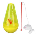 Blue and yellow cat toy with bell ball, treat dispenser, and plush mouse wand for indoor feline play