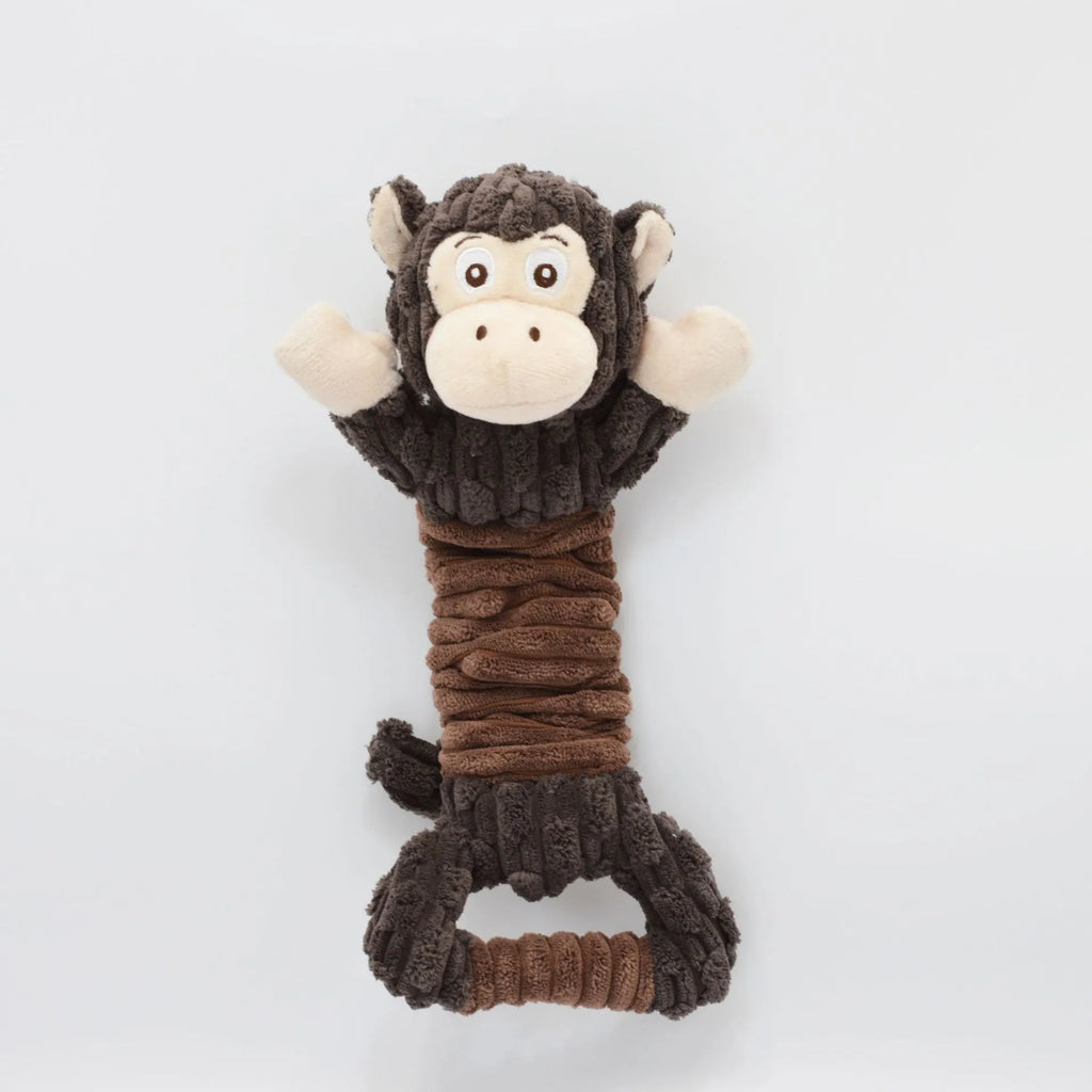Large plush squeaky dog toy with a handle, shown in a Hippo design, for tug of war and indoor play.