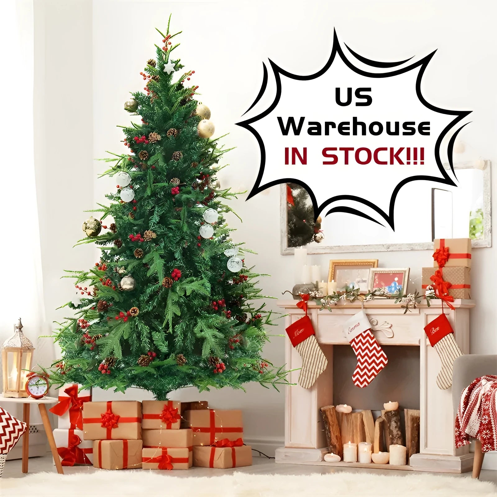 Green and white PVC artificial snow Christmas tree with metal stand, shown at 180cm and 230cm heights.