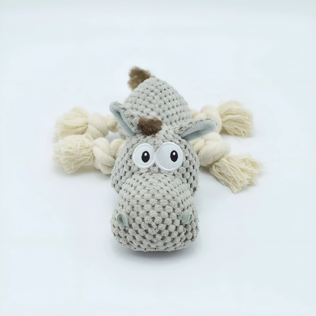 Grey donkey-shaped plush dog toy with cloth velvet material showing dimensions of approximately 27cm