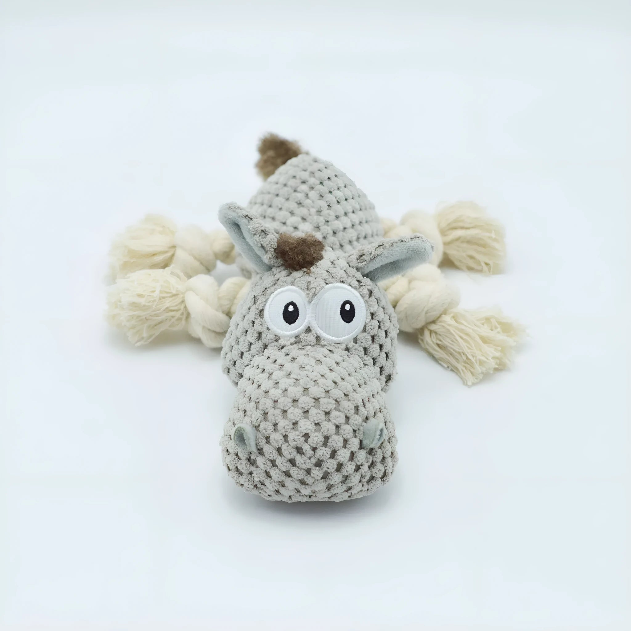 Grey donkey-shaped plush dog toy with cloth velvet material showing dimensions of approximately 27cm