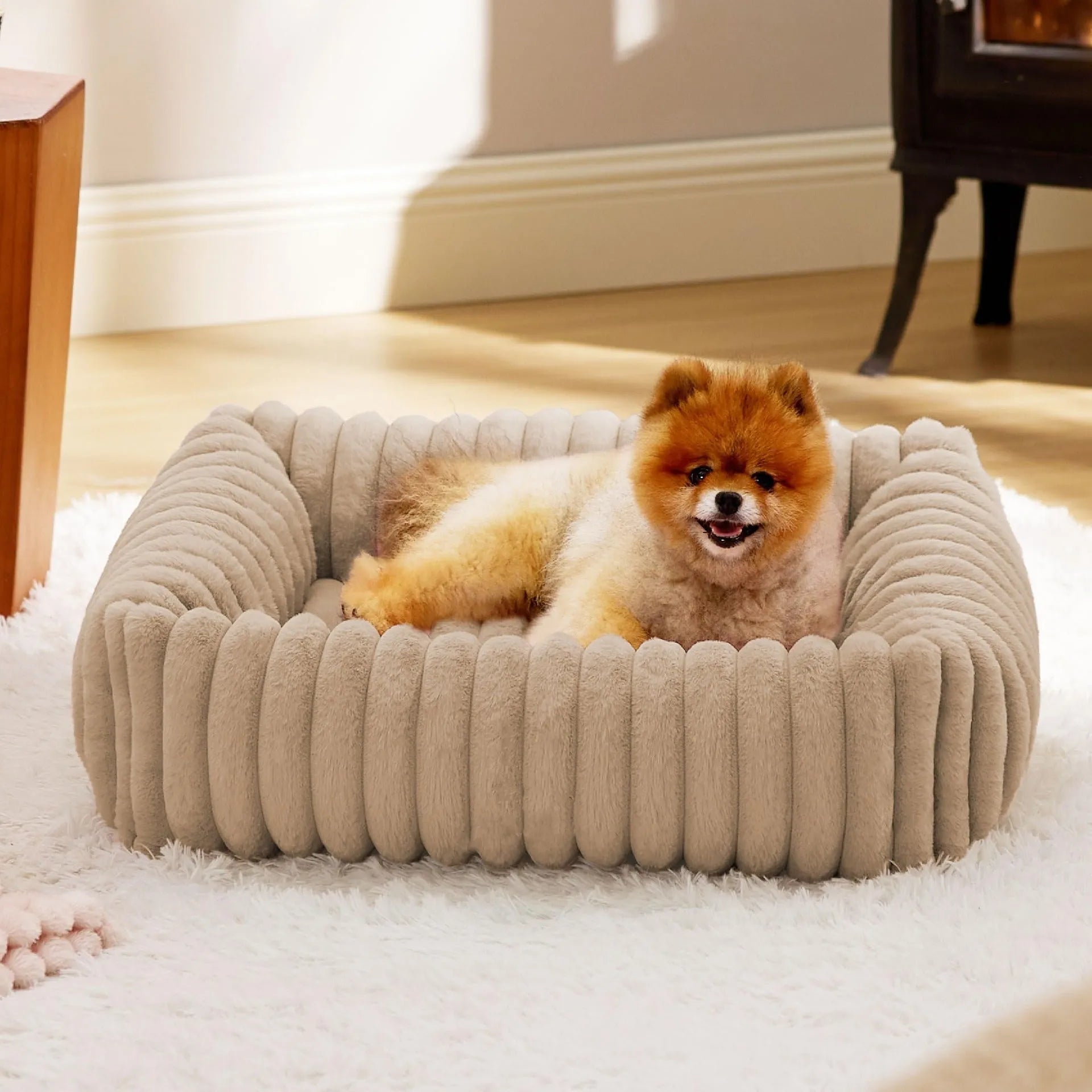 Beige raised-side pet bed for a medium-sized dog, showing padded base and supportive sides.
