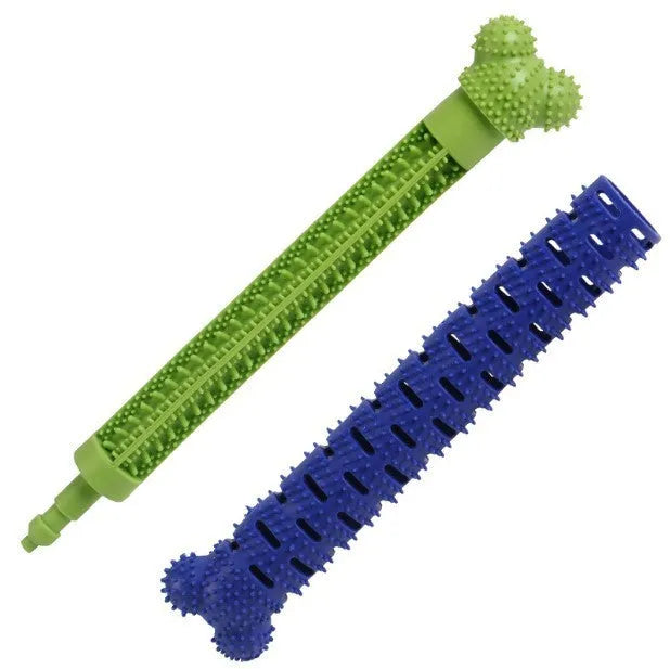 Blue green silicone dog toothbrush chew toy with brush head design measuring 25cm length