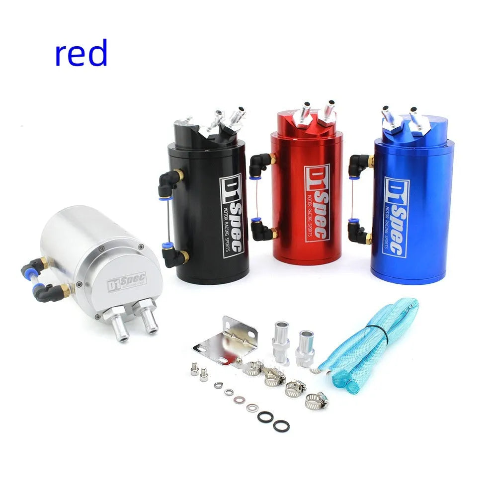 Oil catch can for car modification in choice of black, red, silver, or blue, showing round and square model options.
