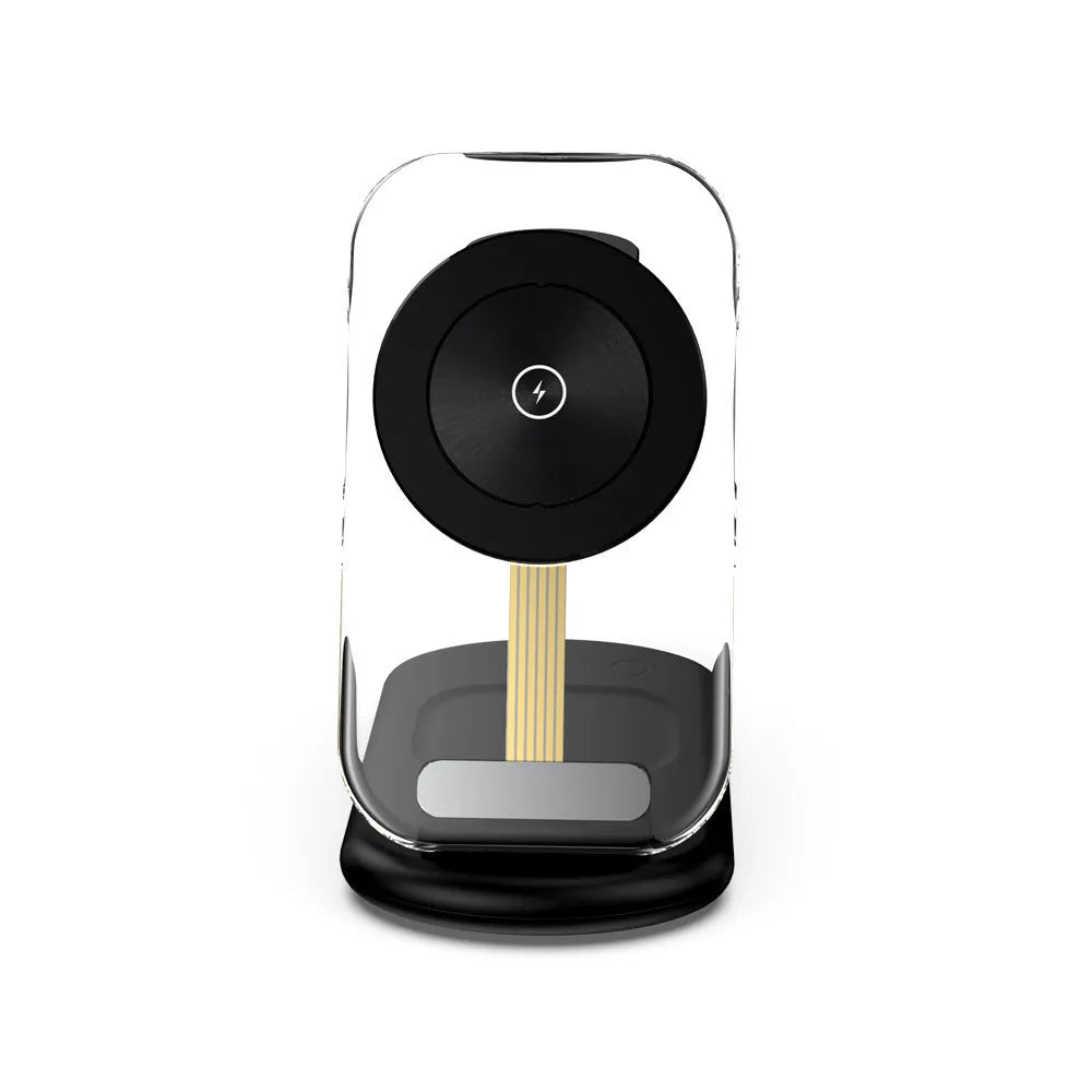 Transparent folding magnetic three-in-one wireless charger in black on a table
