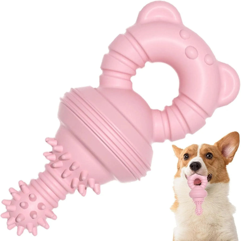 Blue rubber dog chew toy with textured molar cleaning surface and bell inside