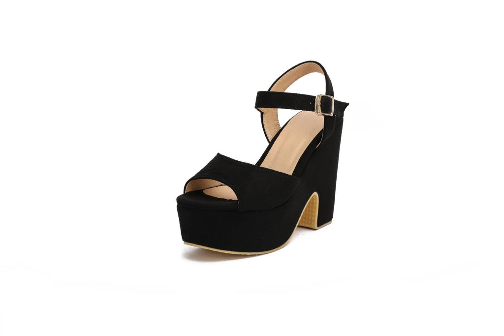 Women's black suede platform sandals with adjustable ankle strap and round toe