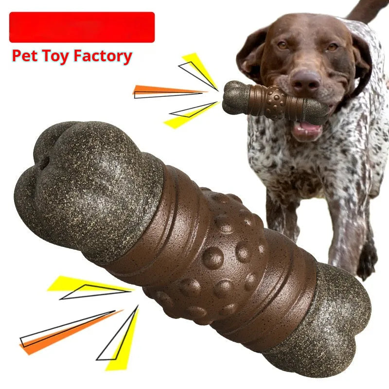 Wood colour plastic dog toy shaped as a sounding bone with textured ridges for dental cleaning.