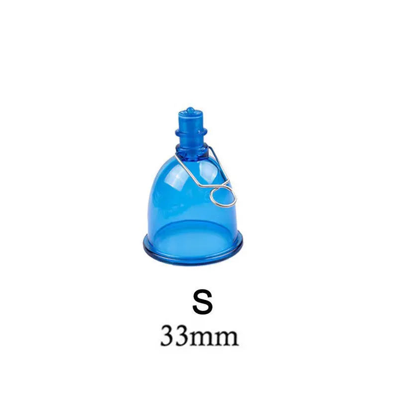 Blue silicone male masturbator cup shown in small, medium, and large sizes