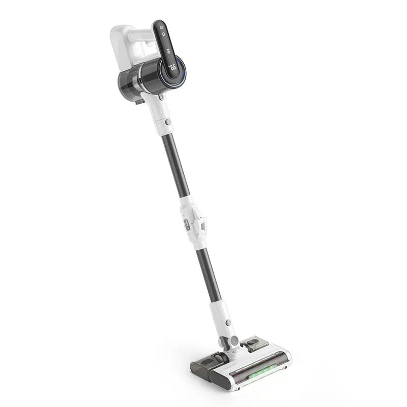 Light gray household wireless handheld folding tube vacuum cleaner with lighting function on a flat surface