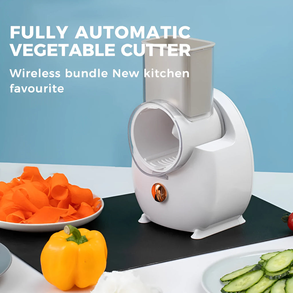 White electric vegetable slicer with rotary grater, suction base, and multiple blades on kitchen counter