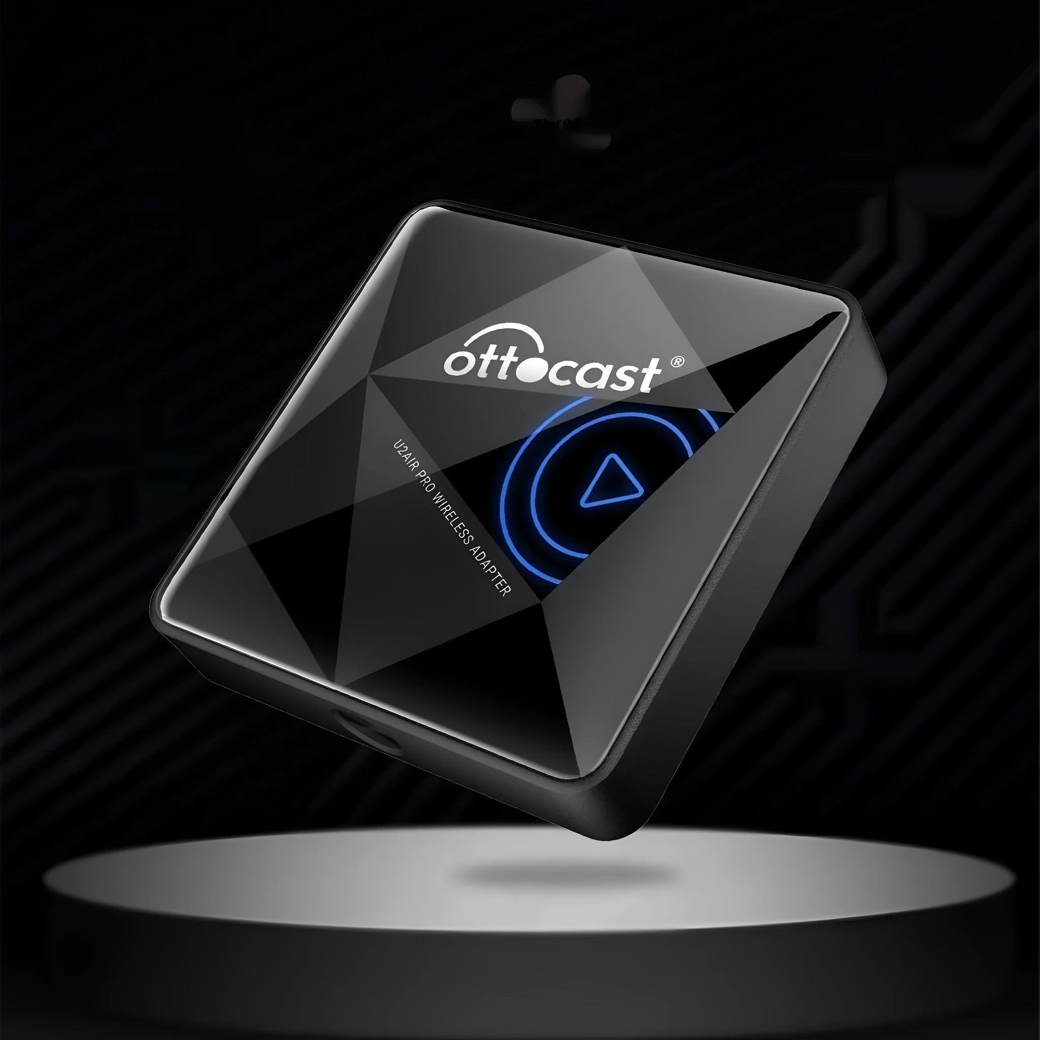 Black wireless car Bluetooth AIBOX box with Type-C port measuring 59x59x150mm