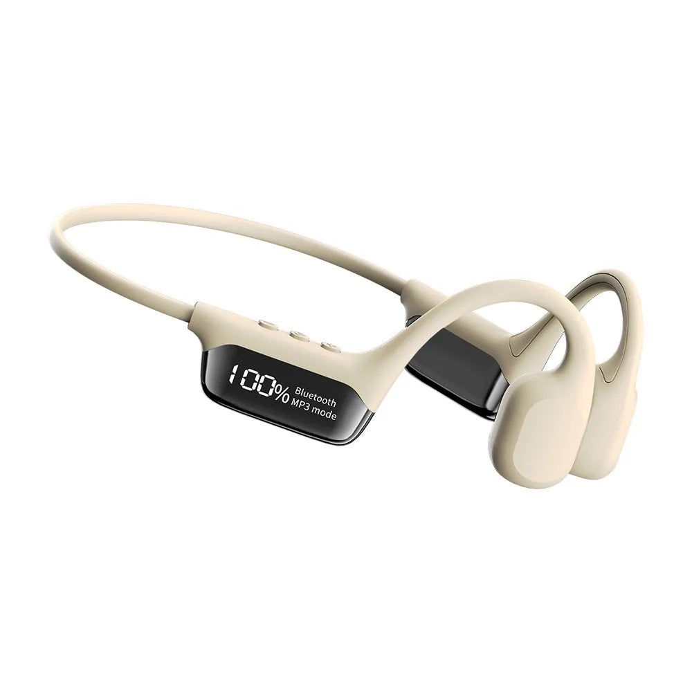 Wireless bone conduction sports headphones in black with PC ABS frame on a gym background