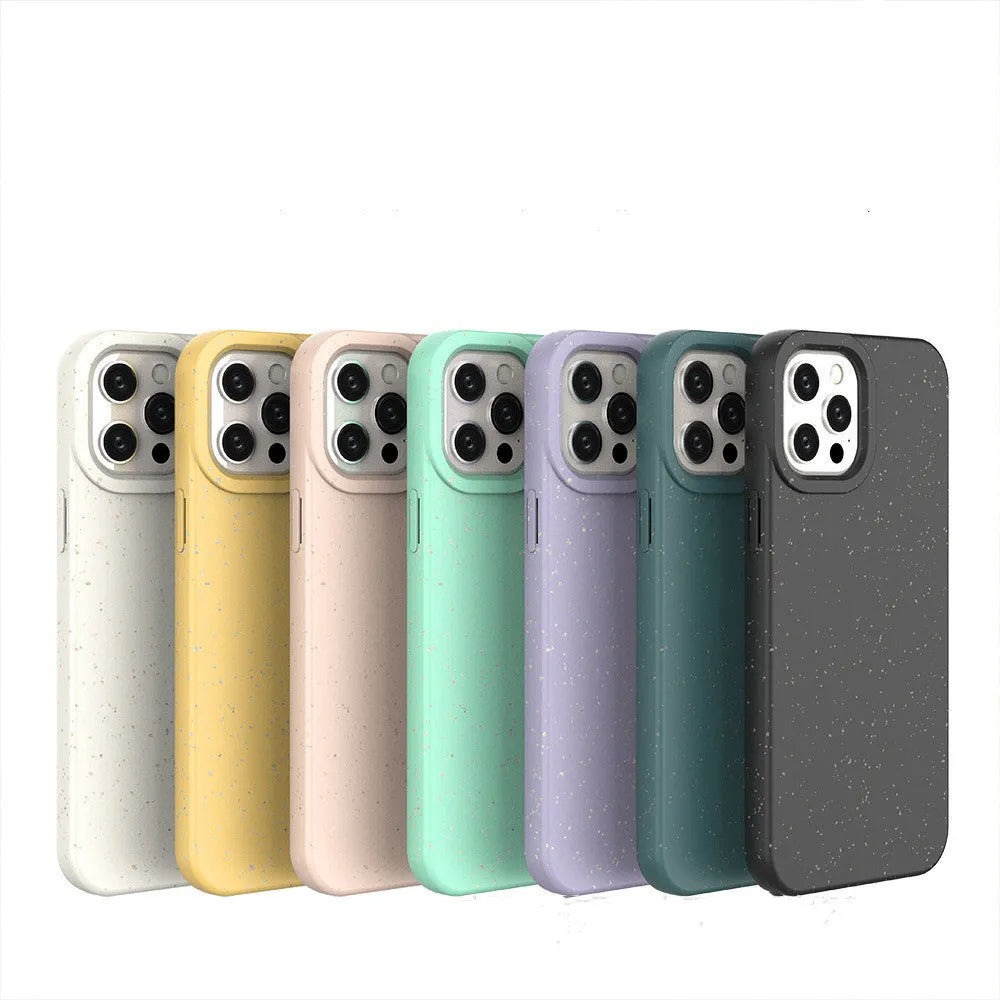 Wheat straw fibre degradable rear cover case for Apple iPhone on a table.