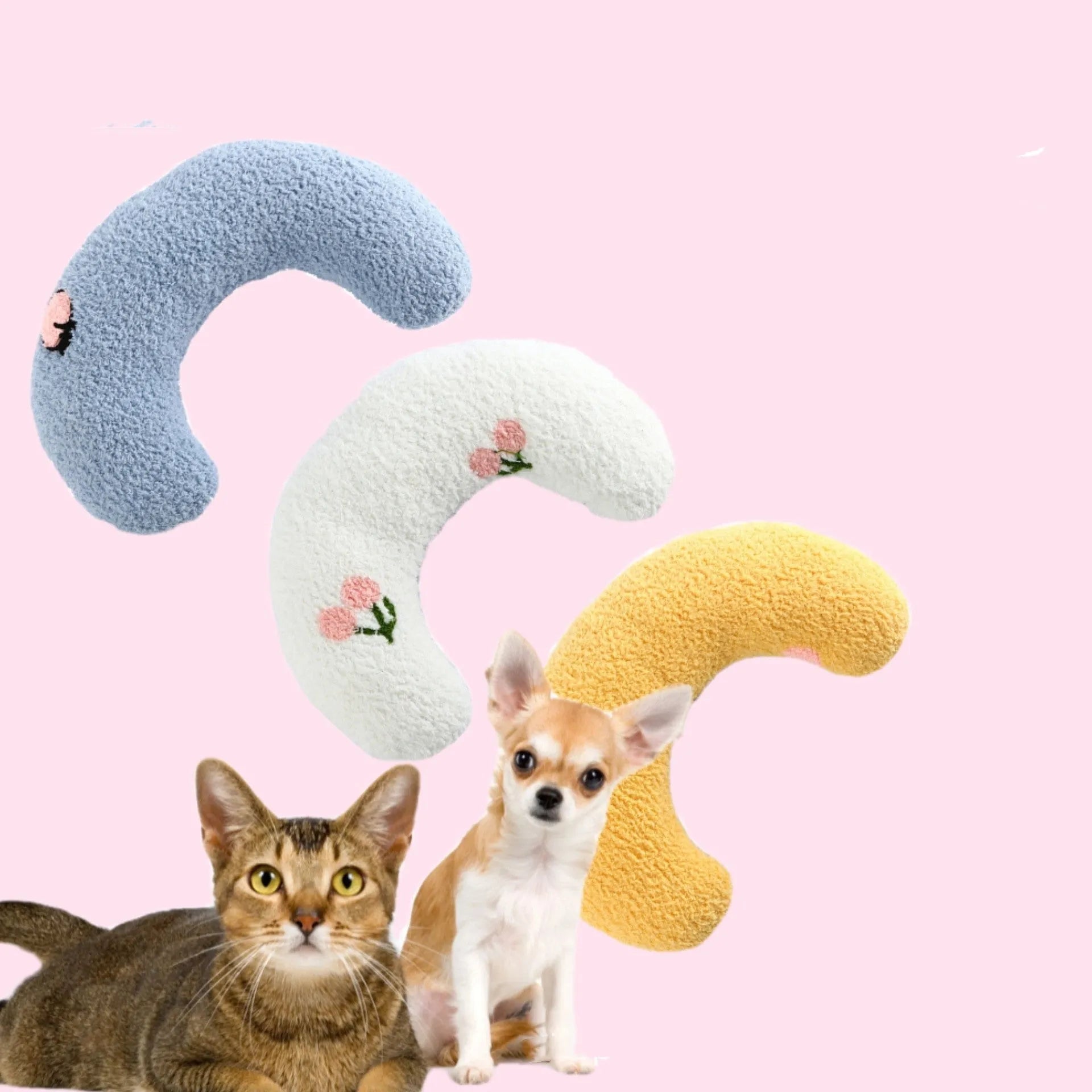 Small U-shaped plush pillow for cats and small dogs in blue, showing quilted faux fur texture.