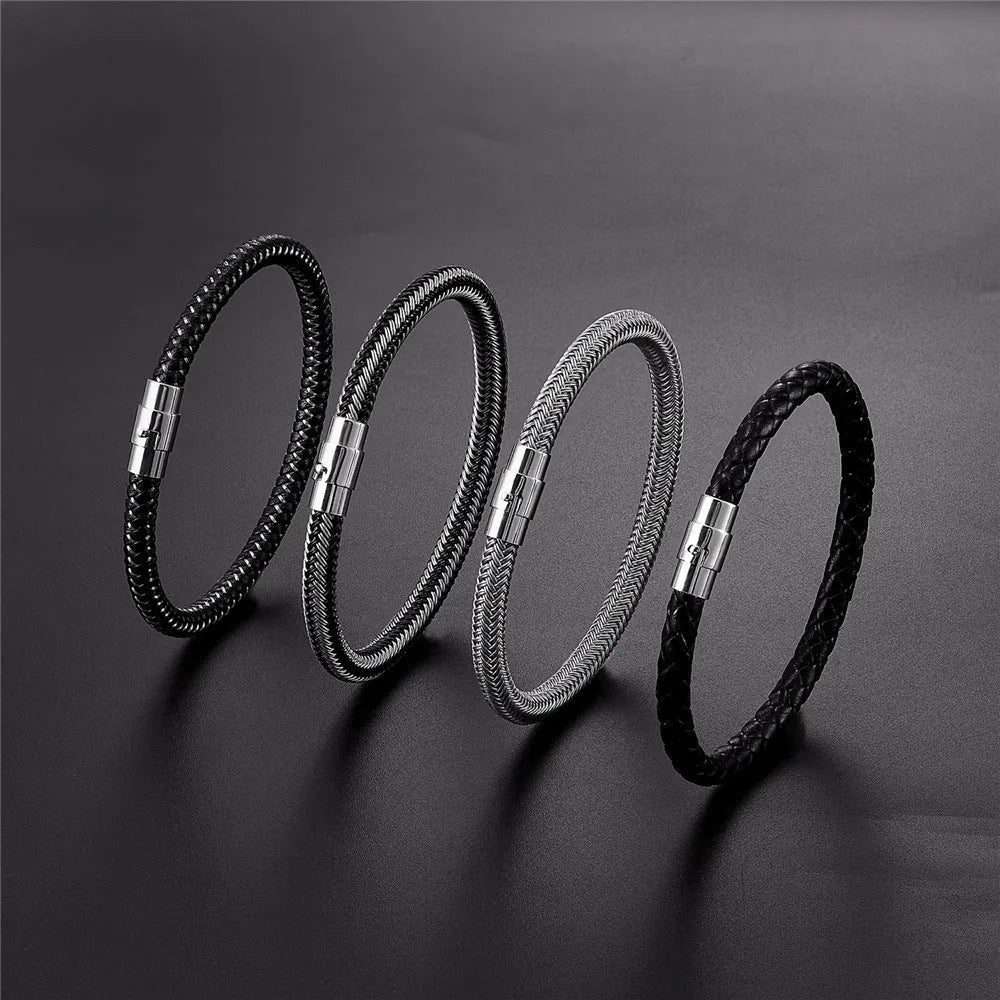 Men's titanium steel geometric wire bracelet with a magnetic clasp shown in various colours.