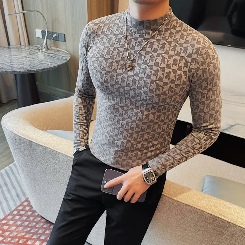 Men's half-high collar slim fit pullover T-shirt in black, white, brown, and gray colour options