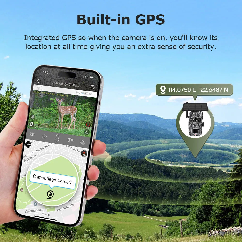 4G solar hunting camera with GPS positioning, IP65 waterproof housing, and 3MP 2K resolution lens mounted on a tree